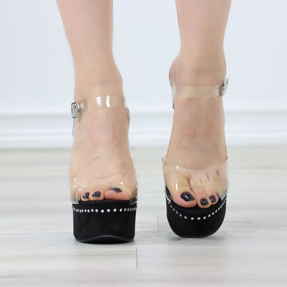 Clear Platform Heels Black Suede Rhinestones - Picture 8 of 12